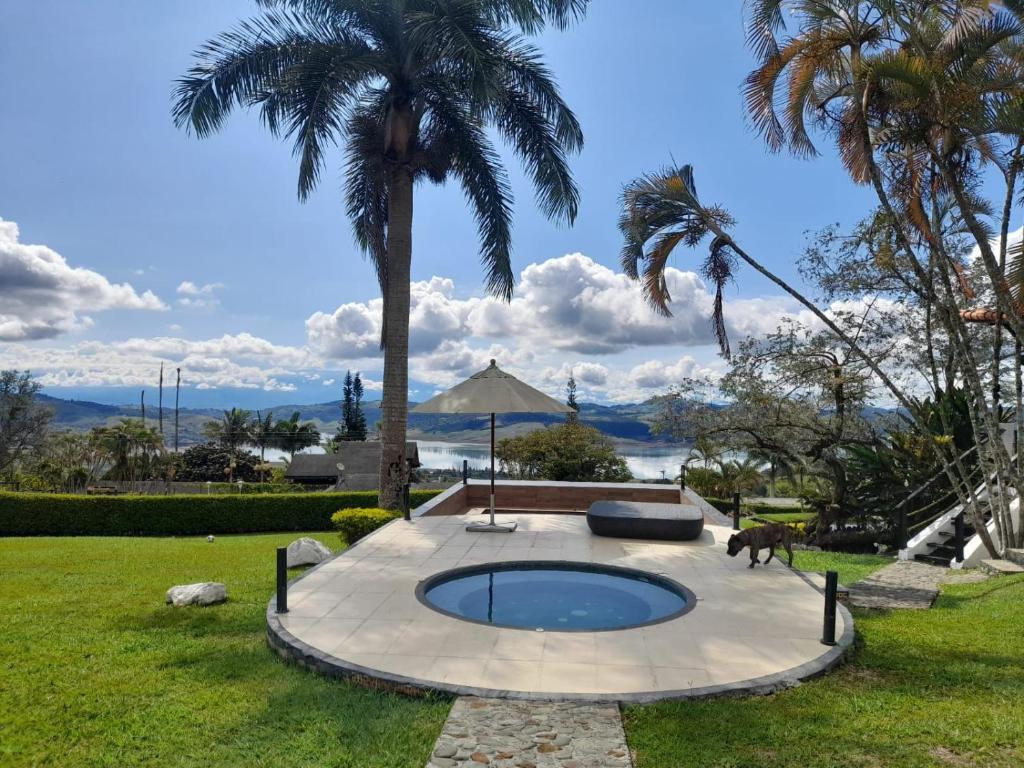 a small pool in a yard with palm trees at Cabaña MACA in Darién