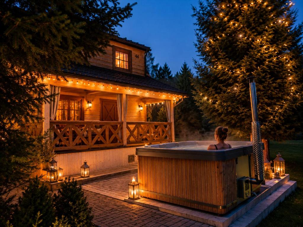 a woman sitting in a hot tub in front of a house at Exclusive Forest House - Spiska Leśna Przystań in Łapsze Niżne