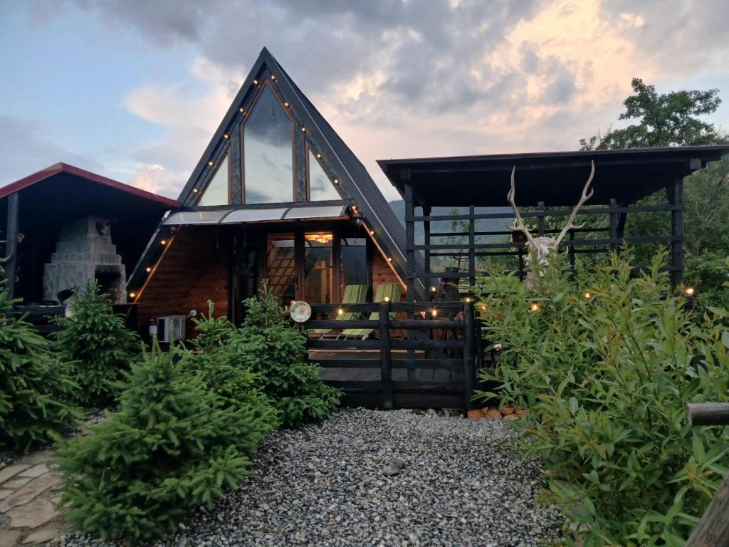 a log cabin with a large window in a garden at Maria's Cabin & Spa in Băiaşu