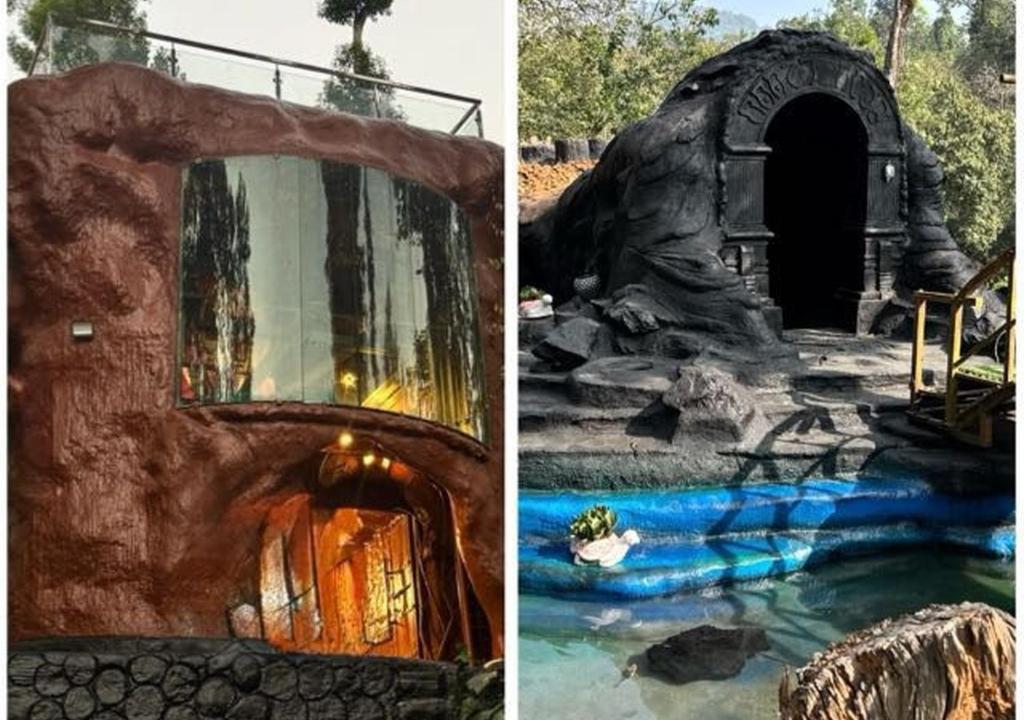two pictures of a cave and a water slide at Rai’s Coorg Cave House in Madikeri