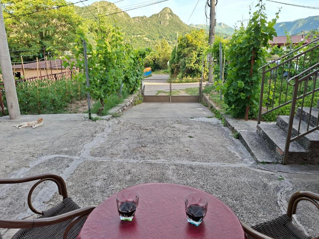 a pink table with wine glasses on top of it at Apartman Pavle 2 in Virpazar