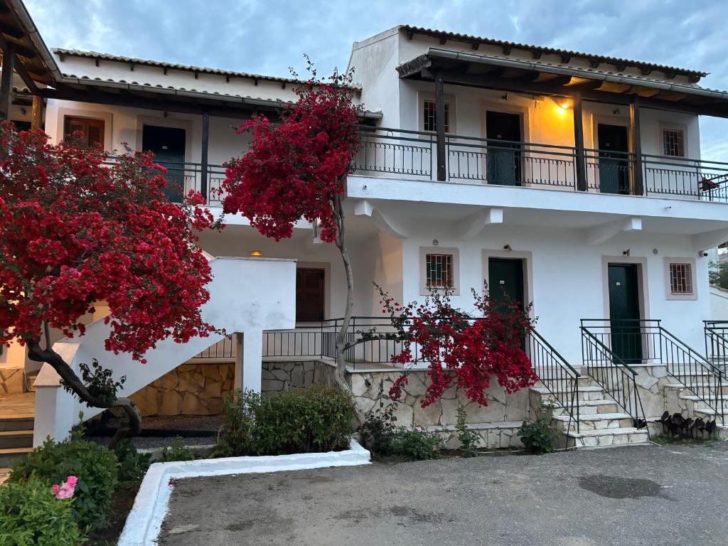 a white house with red trees in front of it at Sailor's Apartments Kavos in Kavos