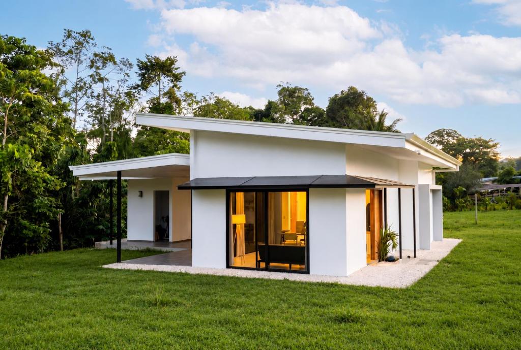 a small white house with a black awning at Villa Osa Mythica in Puerto Jiménez