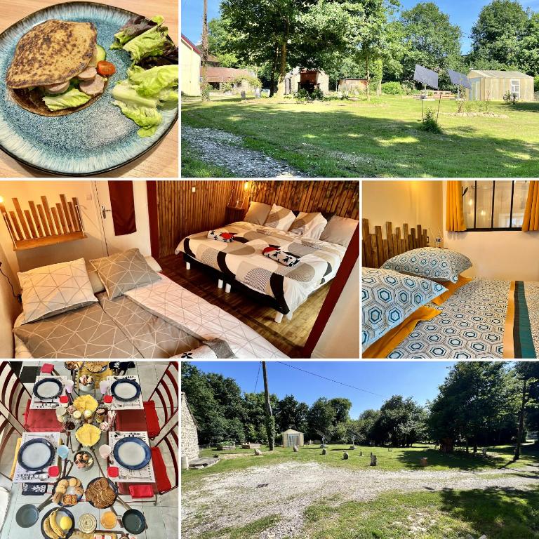a collage of pictures with a bed and a field at Maison d'Hôtes Ty Belle in Saint-Guen