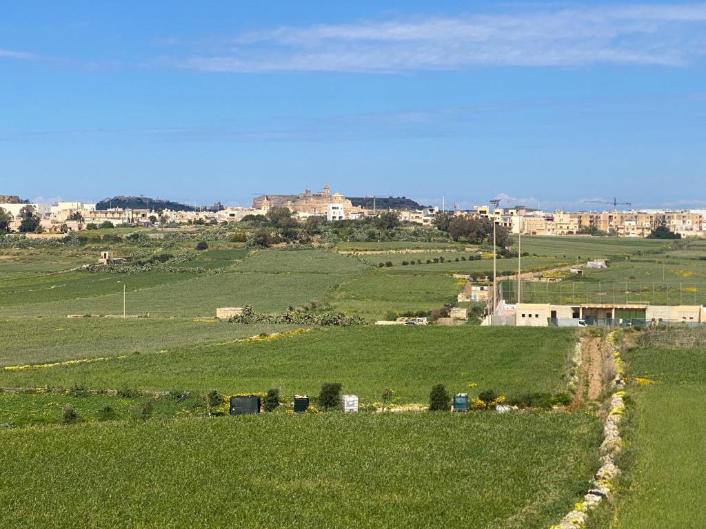 a large green field with a city in the background at Gozo Apartment - Sannat in Sannat