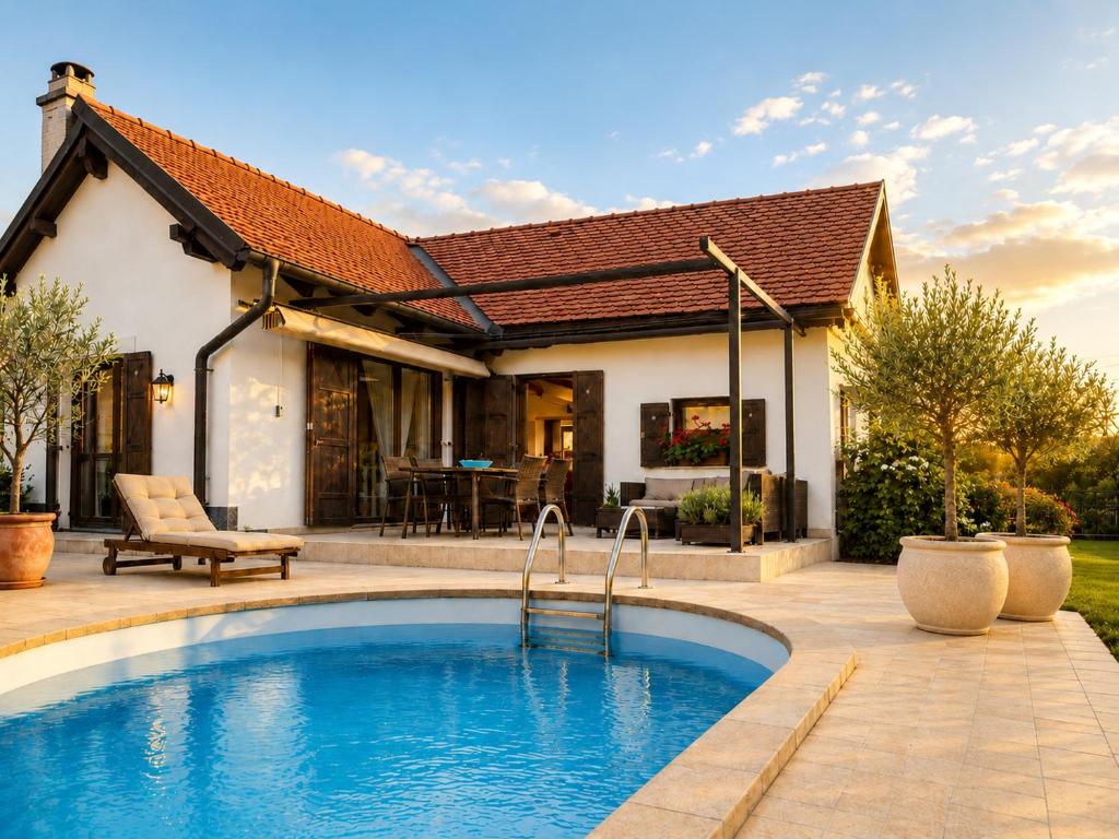 a swimming pool in front of a house at Tourist Farm Ranč Velka in Spodnja Velka