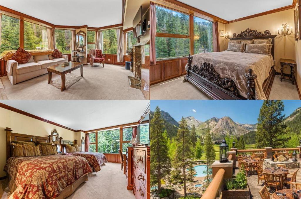 two pictures of a bedroom with mountains at Everline Resort & Spa 701 & 703 in Olympic Valley