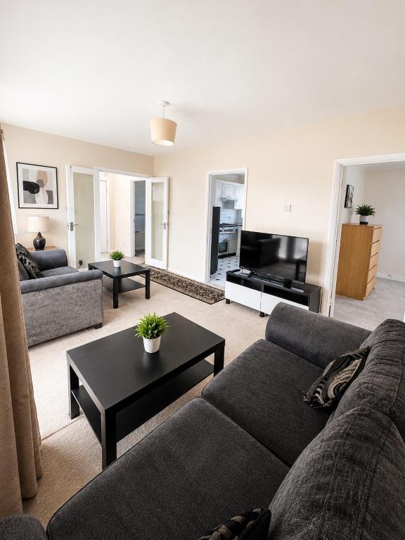 a living room with a couch and a television at Spacious 2 bedroom apartment near Wembley stadium with free parking in London