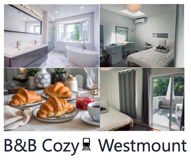 a collage of pictures of a bathroom with croissants and a bedroom at Victorian House B&B CozyWestmount in Westmount