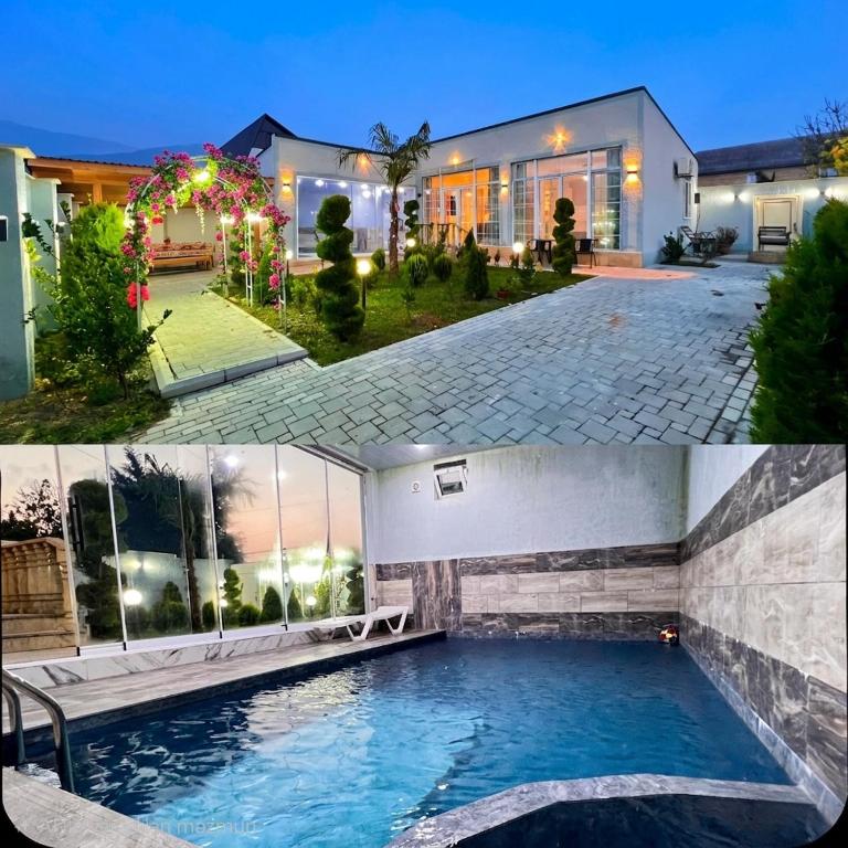 two pictures of a house and a swimming pool at Rest House İsmayıllı Villa in İsmayıllı
