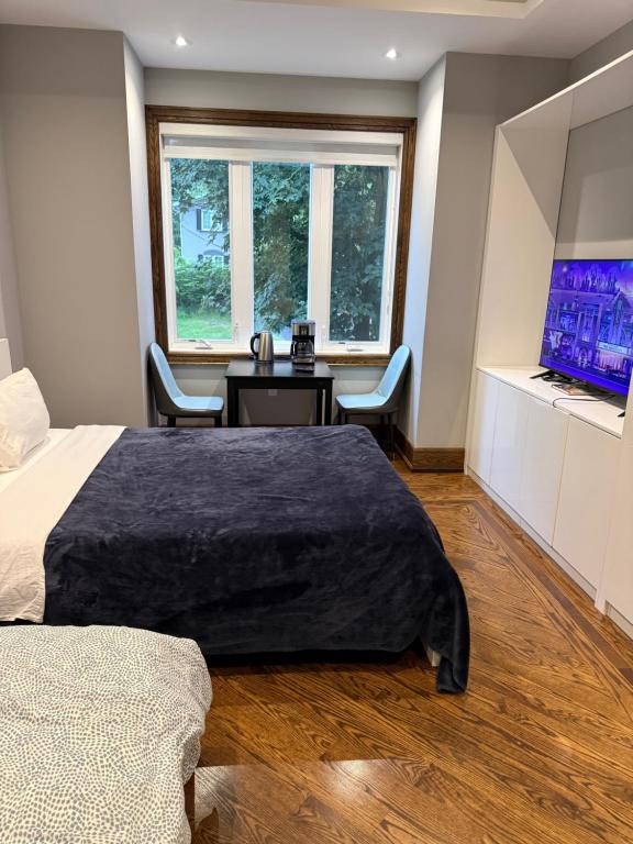 a bedroom with a bed and a desk and a television at Modern House in Toronto in Toronto