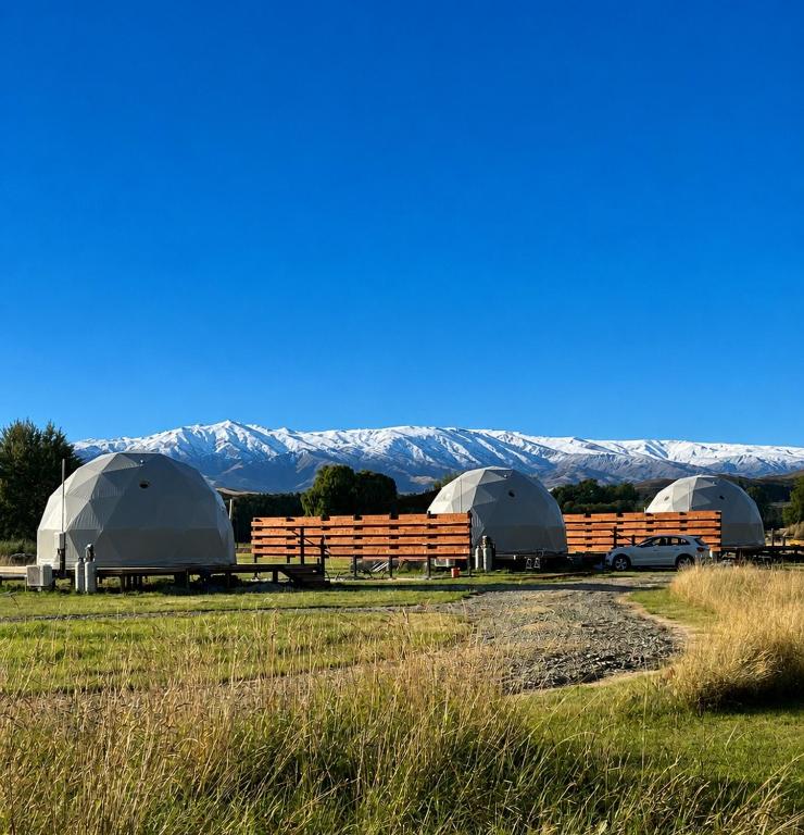 three tents in a field with mountains in the background at Go Glamping NZ Ltd in Alexandra
