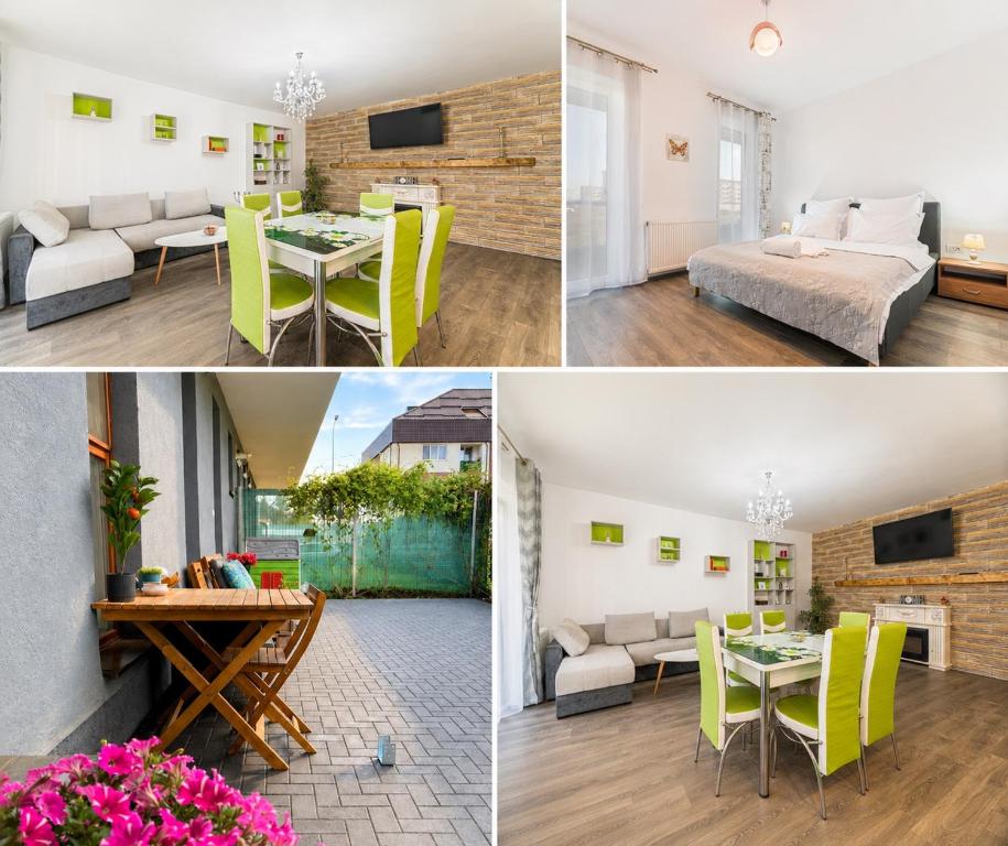 a collage of photos of a living room and dining room at Apartament 2 camere Narcis in Braşov