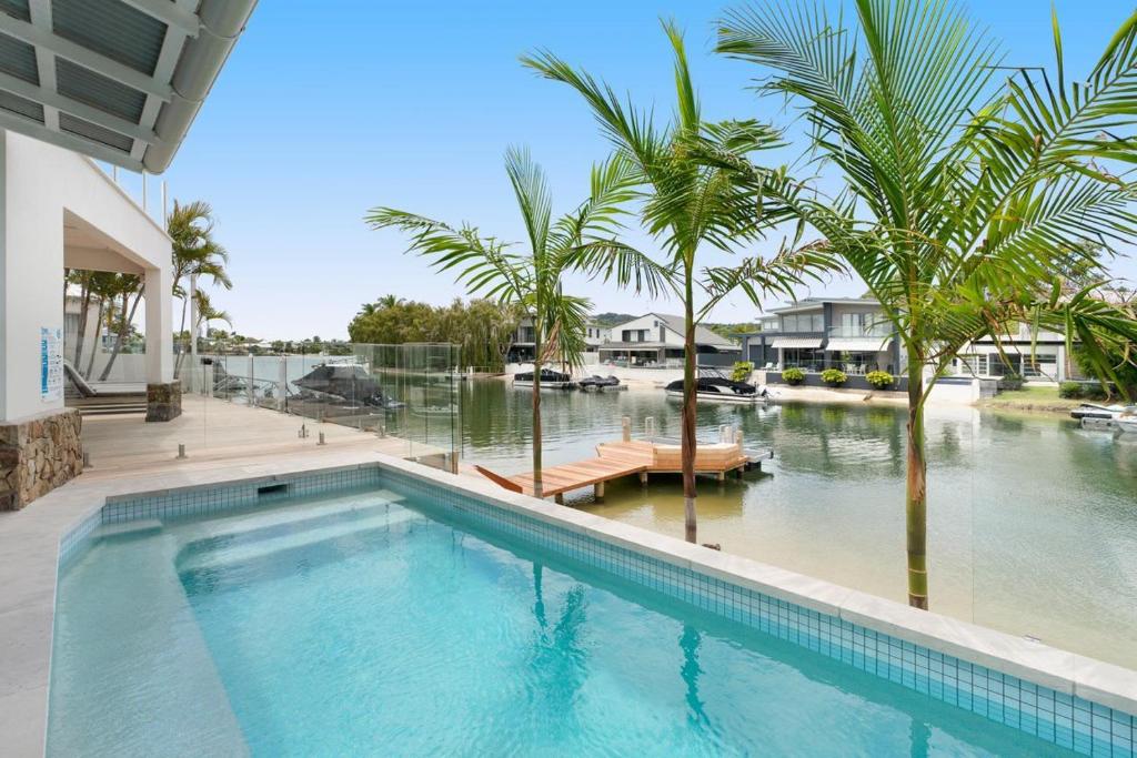 a swimming pool with palm trees and a house at Lucy - Noosa - Noosaville in Noosaville