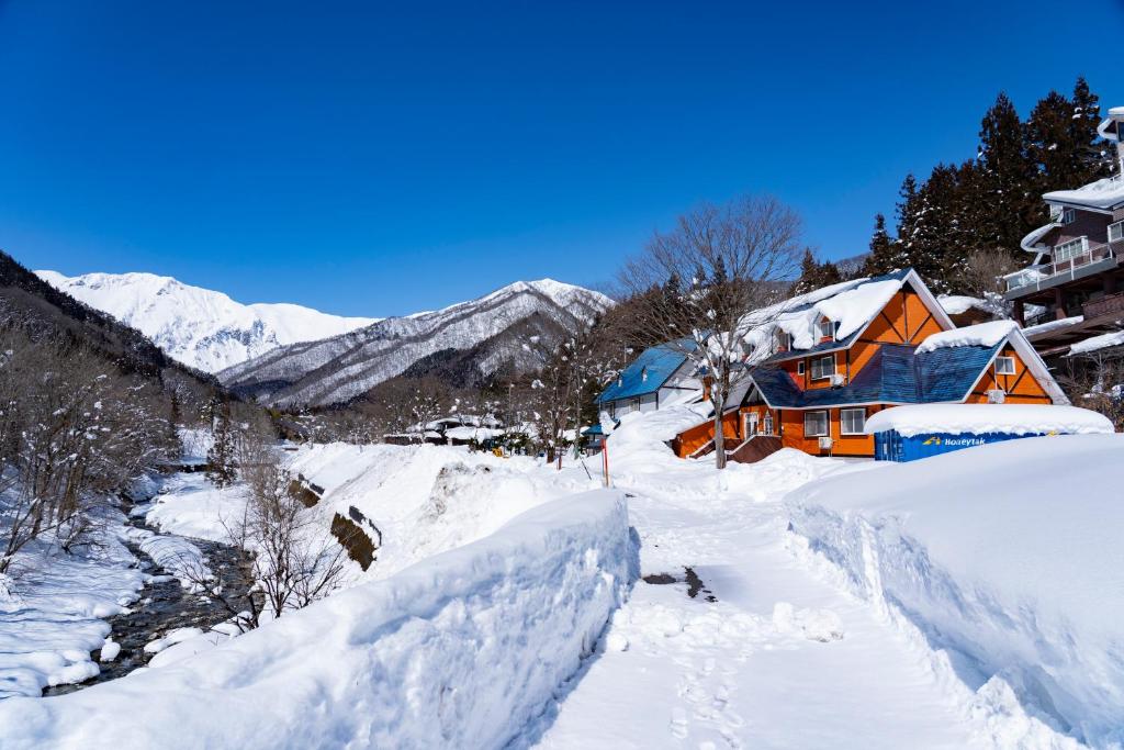 a house in the snow with mountains in the background at TANIGAWA GOODY Lodge in Minakami