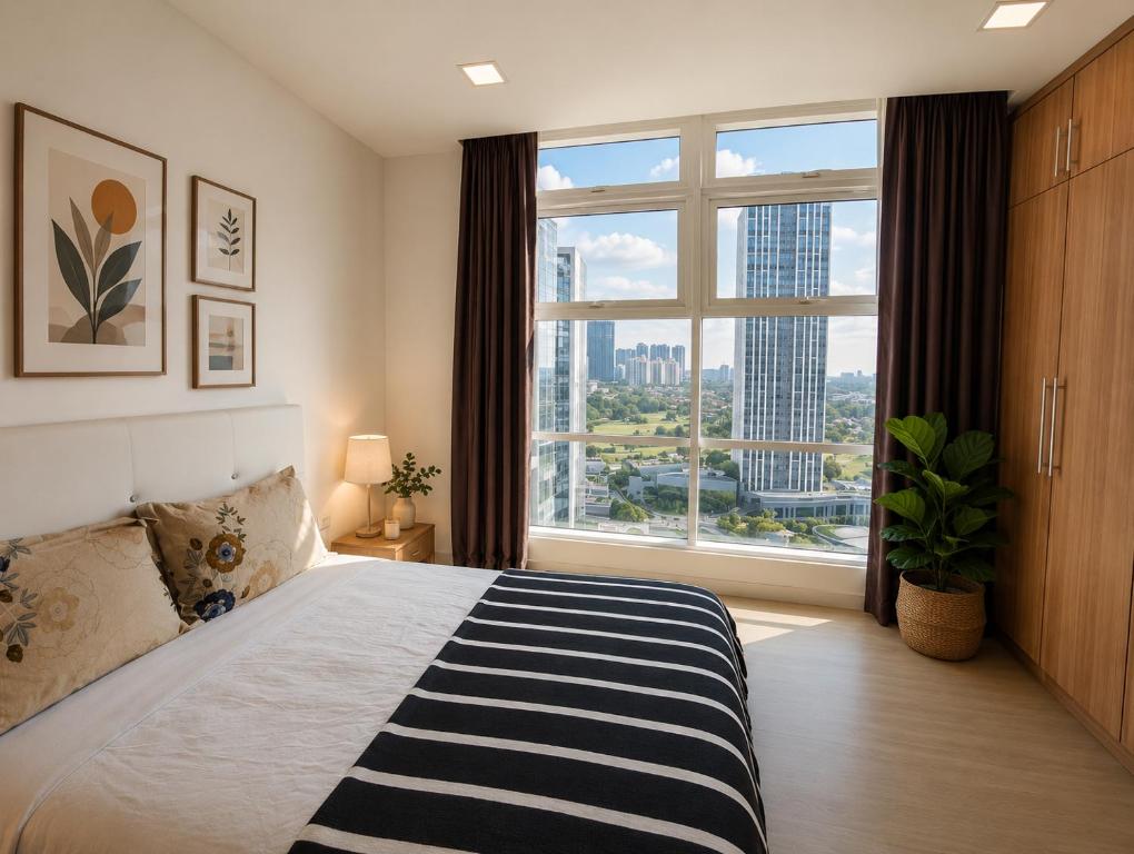 a bedroom with a bed and a large window at Damansara#IOI Mall Damansara #Sunway Nexis#Golf course Sunset view in Petaling Jaya