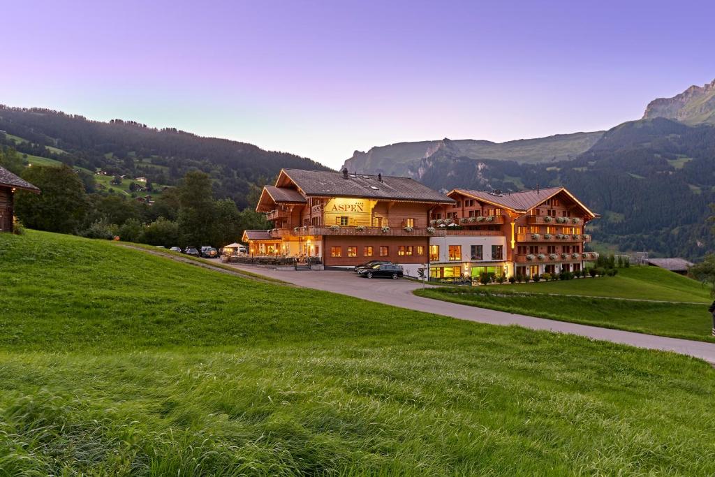 ein großes Gebäude auf einem Hügel mit einem grünen Feld in der Unterkunft Aspen Alpine Lifestyle Hotel in Grindelwald