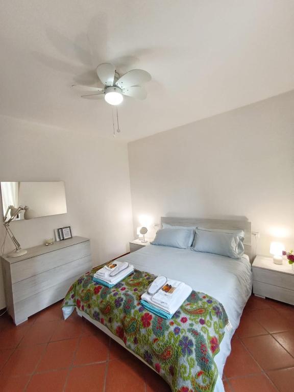 a bedroom with a bed and a ceiling fan at Casa Anna in Lierna