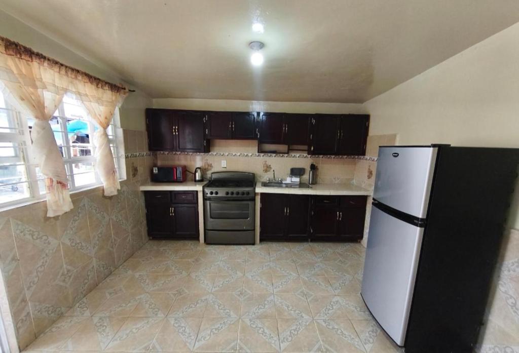 a kitchen with black cabinets and a white refrigerator at Alojamiento Casa Chuy in Jicolapa
