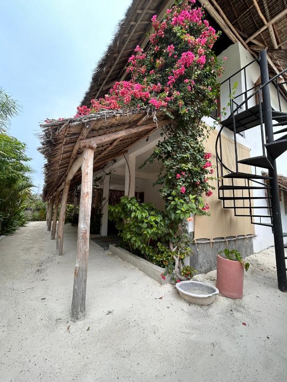 a building with pink flowers on the side of it at BONDENI BEACH HOUSE in Jambiani