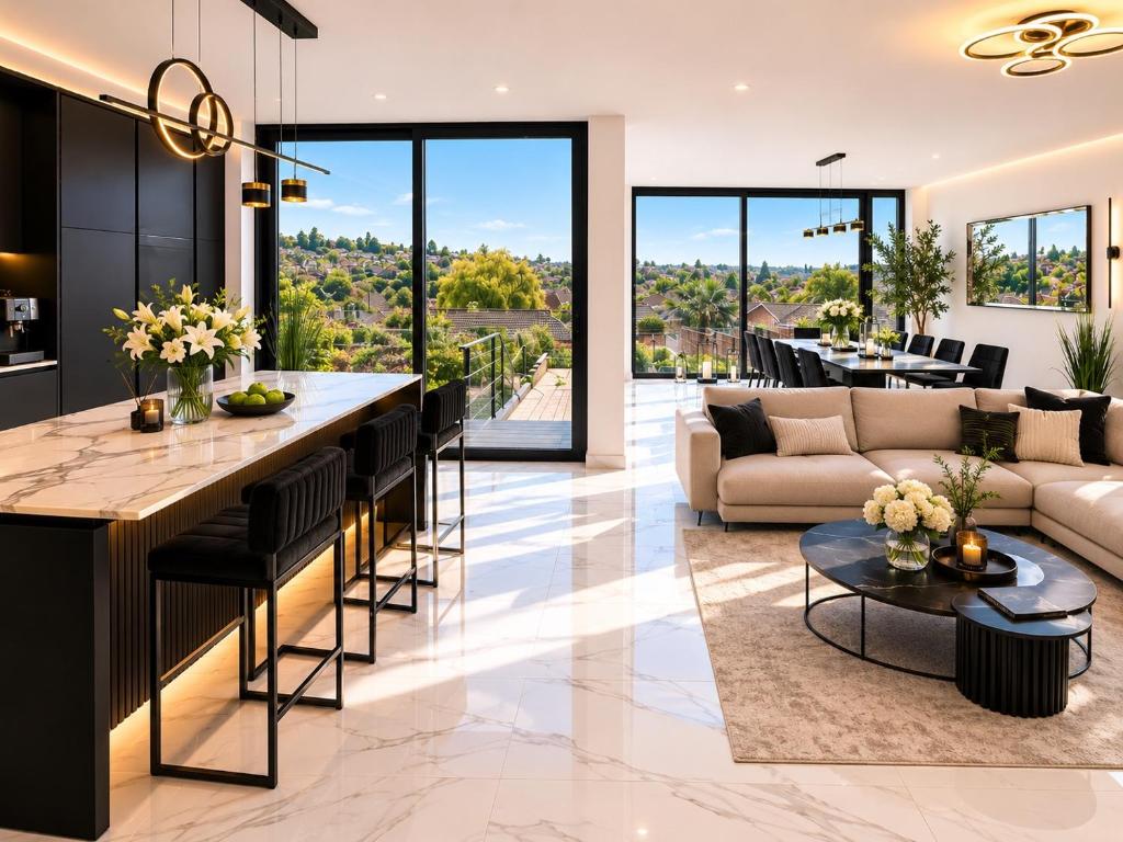an open kitchen and living room with a large table and chairs at Luxurious & Elegant 6-Bed House in Barnet