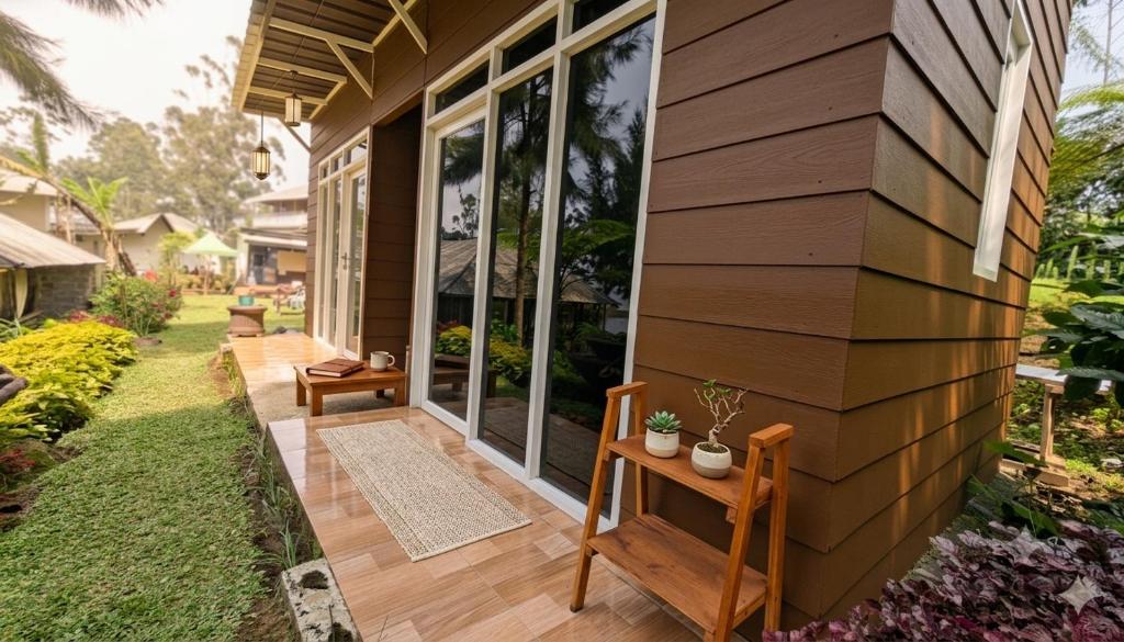 a porch of a house with a wooden floor at Hajeka Family 1 in Palayangan