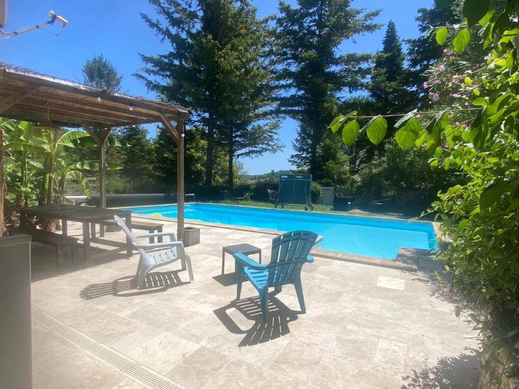 a patio with chairs and a table next to a swimming pool at Gîte Le Bellevue avec piscine privative - climatisation in Dolmayrac