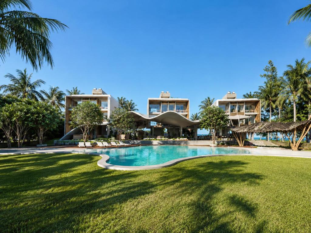 a resort pool with palm trees and buildings at Rekawa Reach Tangalle in Tangalle