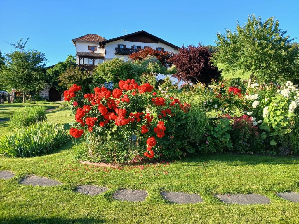 a garden of flowers in front of a house at Appartments Moarhof in Vols am Schlern