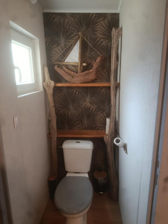 a small bathroom with a toilet and a mirror at Escapade proche de l'estuaire in Valeyrac