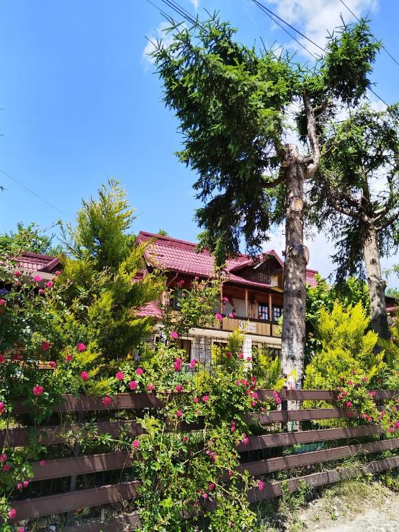 a house with flowers and trees in front of it at Casa de vacanta 1001 De Nopti in Corbşori