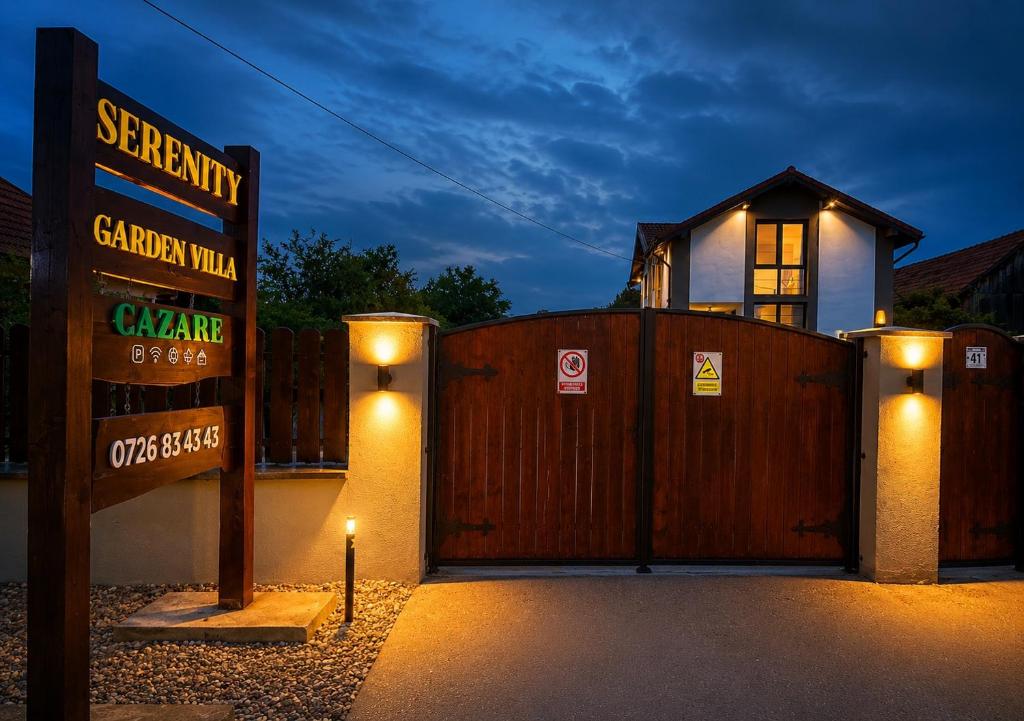a gate with a sign in front of a house at Serenity Garden Villa in Runcu