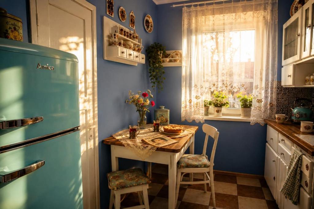 a kitchen with a table and a blue wall at Stylowe PRLove - Dom Dyrektora in Rogowo