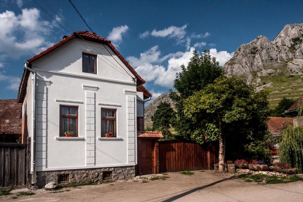 a white house with two windows and a fence at Casa Kővár Vendégház in Rimetea