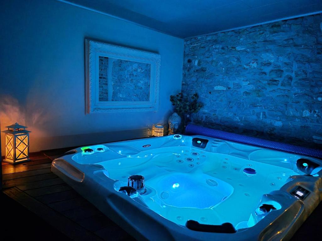 a jacuzzi tub in a room with blue lighting at Cocoon Hébergement Wellness in Chimay
