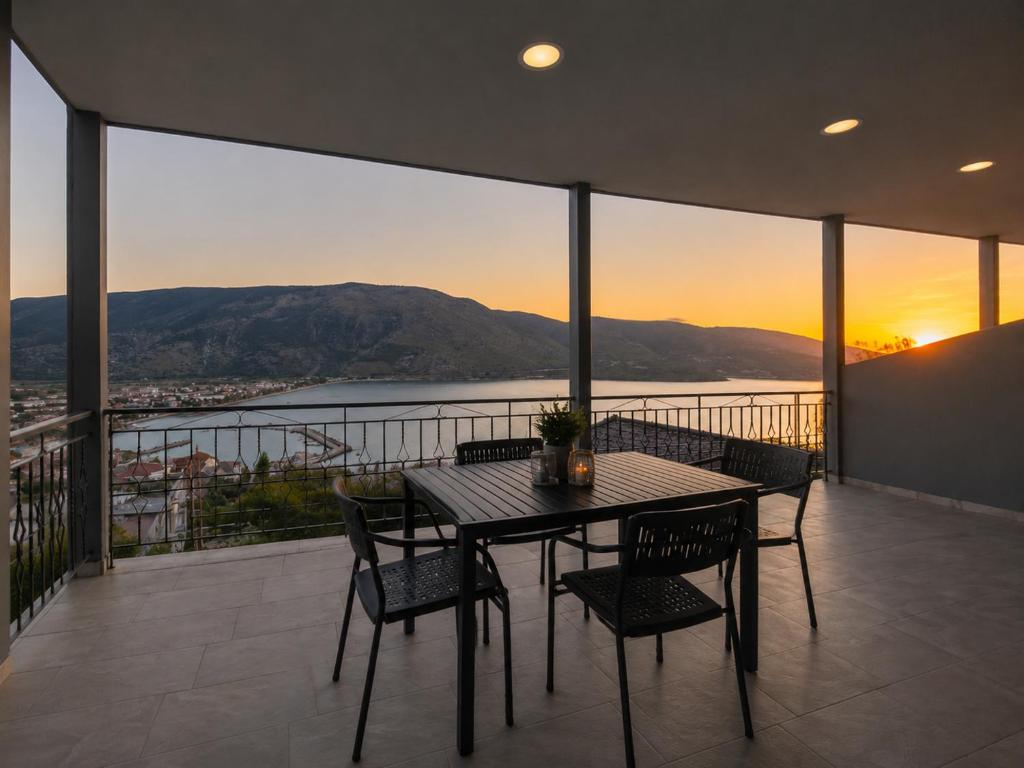 a table and chairs on a balcony with a view at Panorama Plataria Ionio Studios&Apartments in Plataria