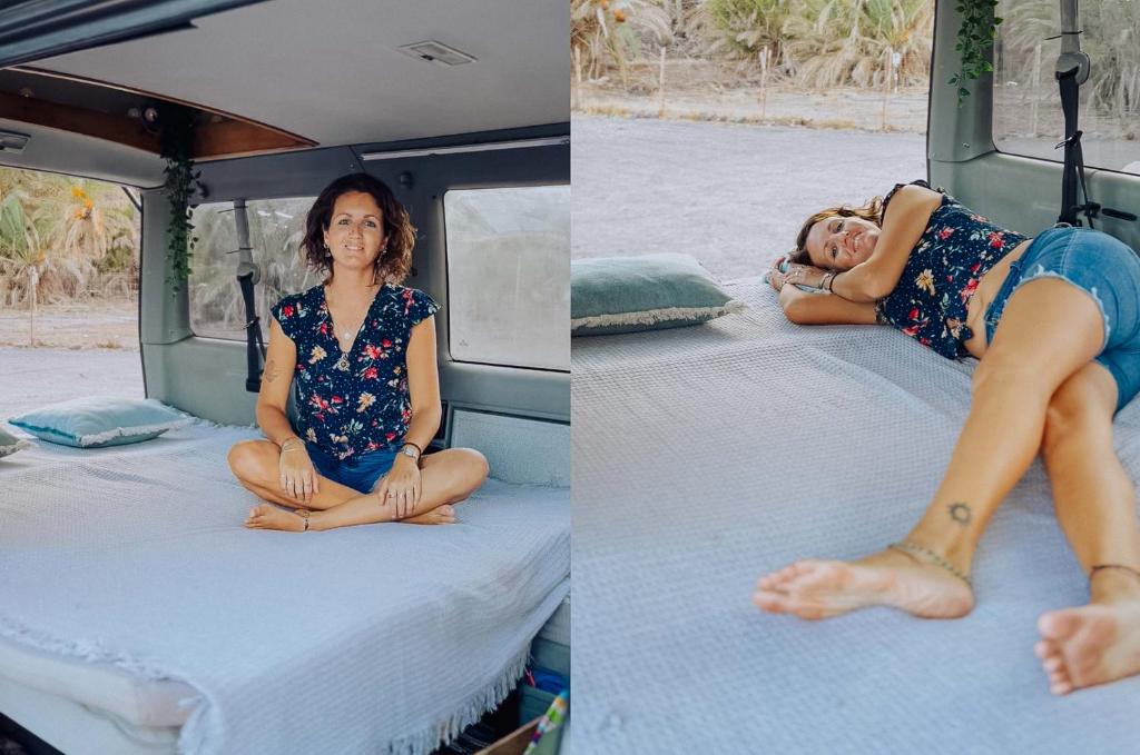 two pictures of a woman laying on a bed at Camper Hipalán in San Sebastián de la Gomera