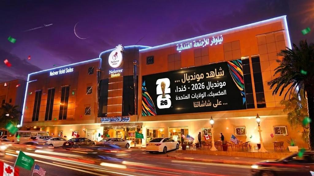 a building with cars parked in front of it at night at Nelover Al Riyadh - Ar Rawdah - Serviced Apartments in Riyadh