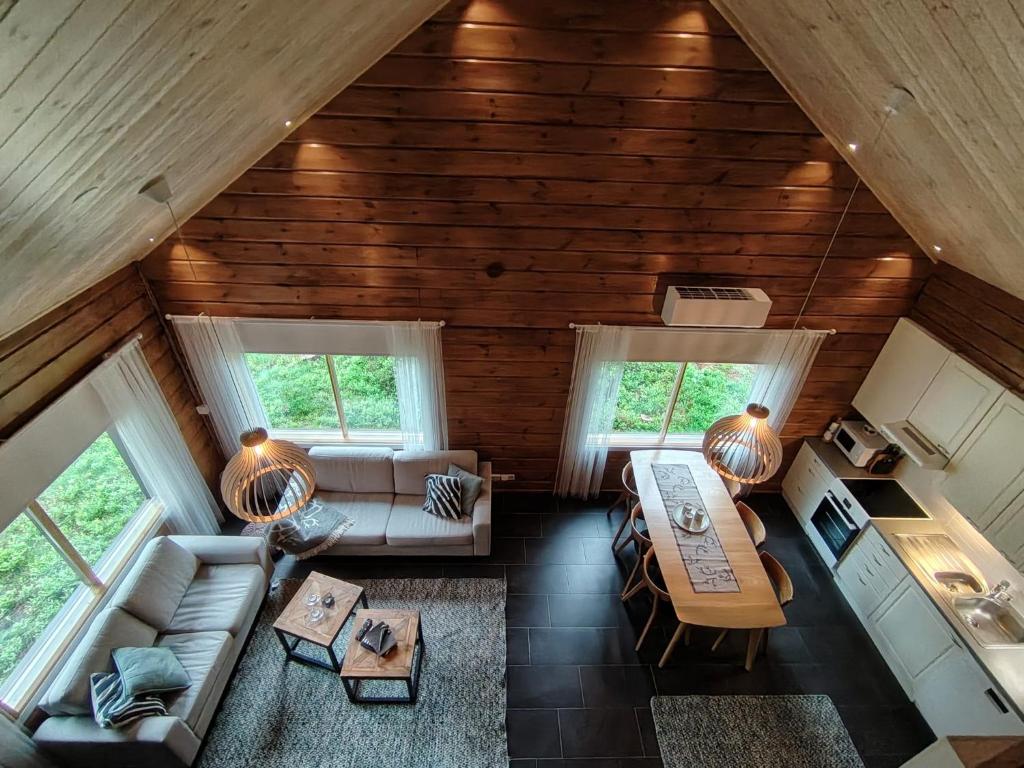 an overhead view of a living room in a cabin at Villa Goahti - Kantokelo in Ylläsjärvi