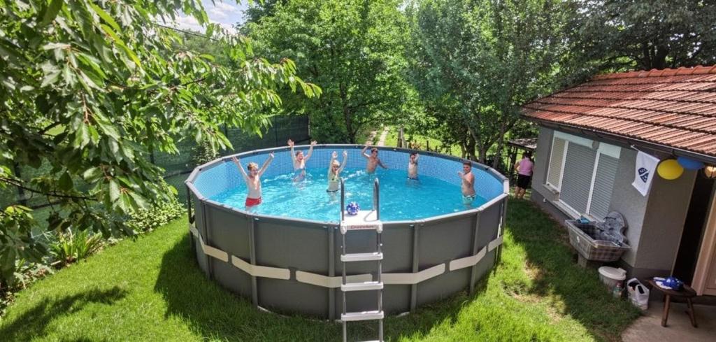 a group of people in a pool in a yard at Vikendica Delić Lukavac in Lukavac
