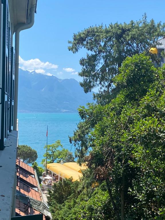 a view of the ocean from a building at Appartement vue lac Montreux in Montreux