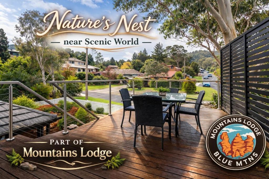 a wooden deck with a table and chairs on it at Natures Nest near Scenic World in Katoomba