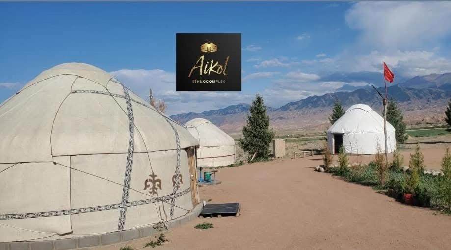 a group of domes in a field with mountains in the background at Айкол Этно Комплекс in Tong