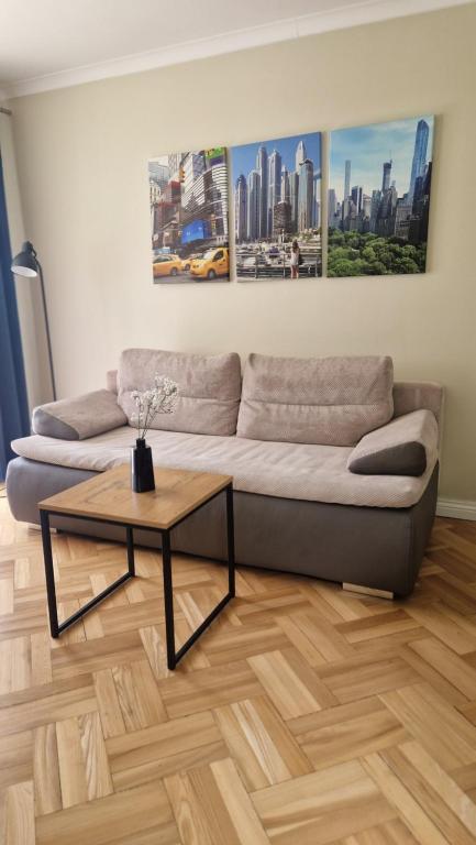 a living room with a couch and a table at Apartament na Błoniach in Sanok