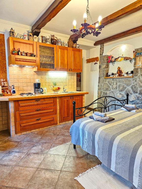 a kitchen and a bedroom with a bed in a room at Apartman Ruza 3 in Poljane