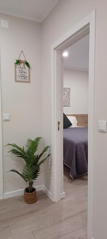 a bedroom with a bed and a potted plant at Villa Ti Neves - Peniche Beach Residence in Peniche