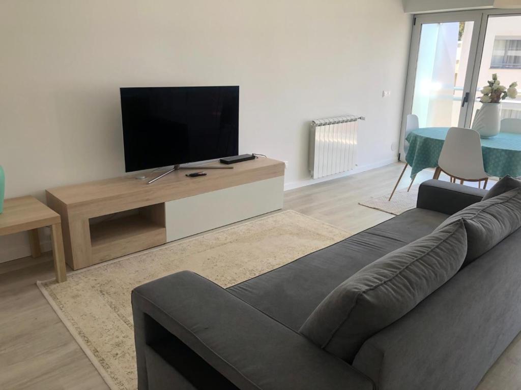 a living room with a couch and a flat screen tv at T1 Figueira da Foz in Buarcos