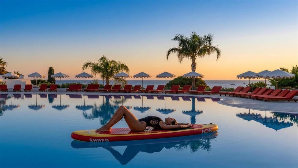a woman laying on a paddle board in the pool at a resort at Masana Algarve, Destination by Hyatt in Albufeira