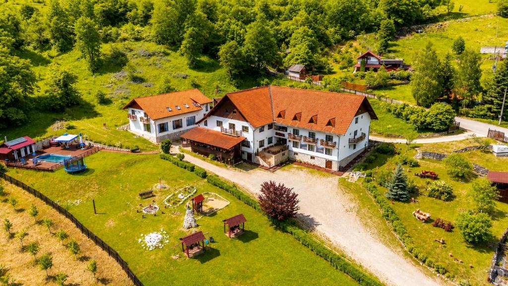 an aerial view of a large house with a yard at Pensiunea Sub Piatră in Sălciua de Sus