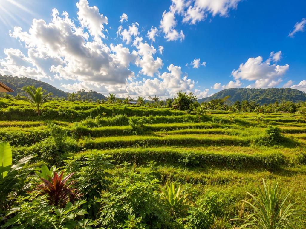 a field of green grass with mountains in the background at The Kubu Sidemen 2 in Silebeng